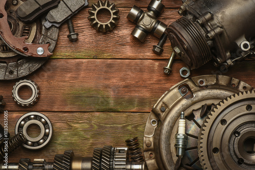 Car spare parts on the wooden workbench background. Top view.