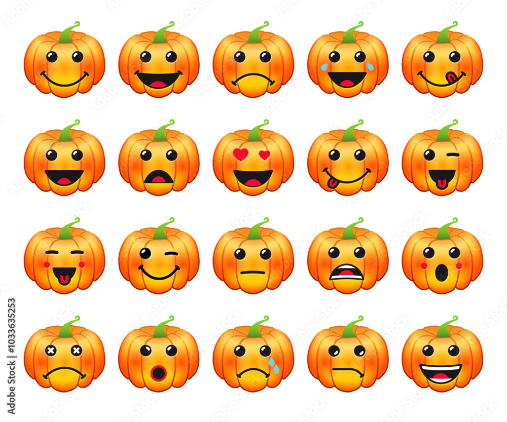 Cartoon 3d pumpkin faces expression icons set. Vector illustration with collection of orange smiling pumpkins on white background Cartoon 3d pumpkin faces expression icons set. Vector illustration with collection of orange smiling pumpkins on white background