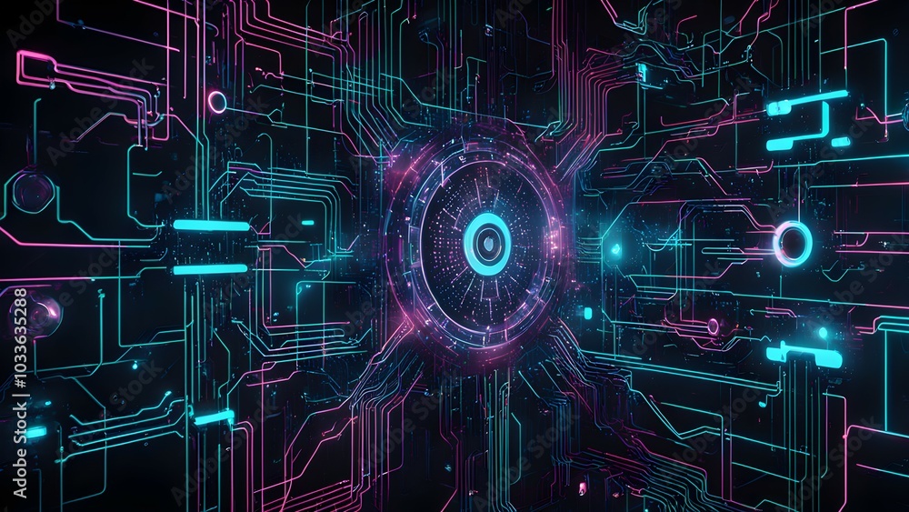 Obraz premium Abstract digital circuit design with vibrant colors and glowing elements.