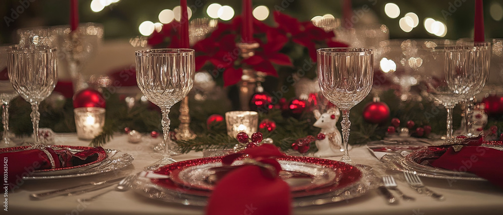 Mesa decorada de gala para comida de celebración navideña, con copas de cristal, velas rojas, platos con decoración artística y servilletas rojas, sobre fondo desenfocado Mesa decorada de gala para comida de celebración navideña, con copas de cristal, velas rojas, platos con decoración artística y servilletas rojas, sobre fondo desenfocado