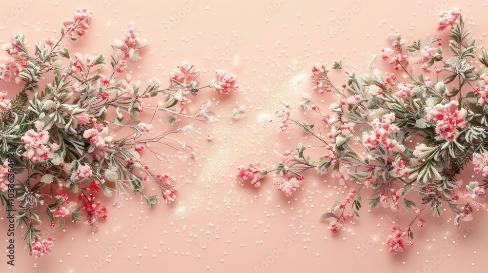 Obraz premium Pastel pink flowers blooming on leafy branches suspended in a dreamy soft focus floral backdrop with a vintage romantic vibe The image features a lush delicate and feminine aesthetic with a peaceful