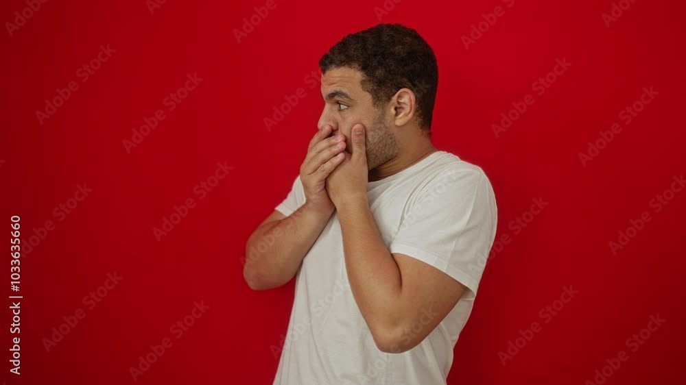 Young hispanic man wearing white t-shirt standing shocked, covering mouth with hands in mistake over isolated red background - secret and astonishment in expression