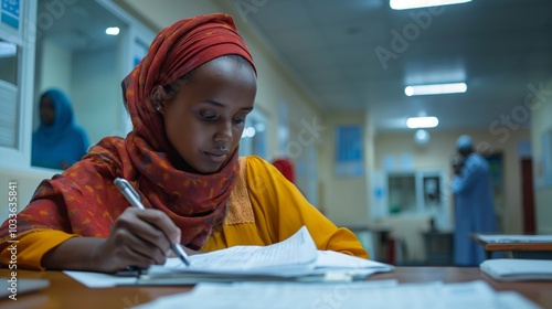 Young somali refugee woman completing medical forms in a clinic setting