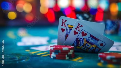 Minimalistic side view of large playing cards with poker chips in a casino setting