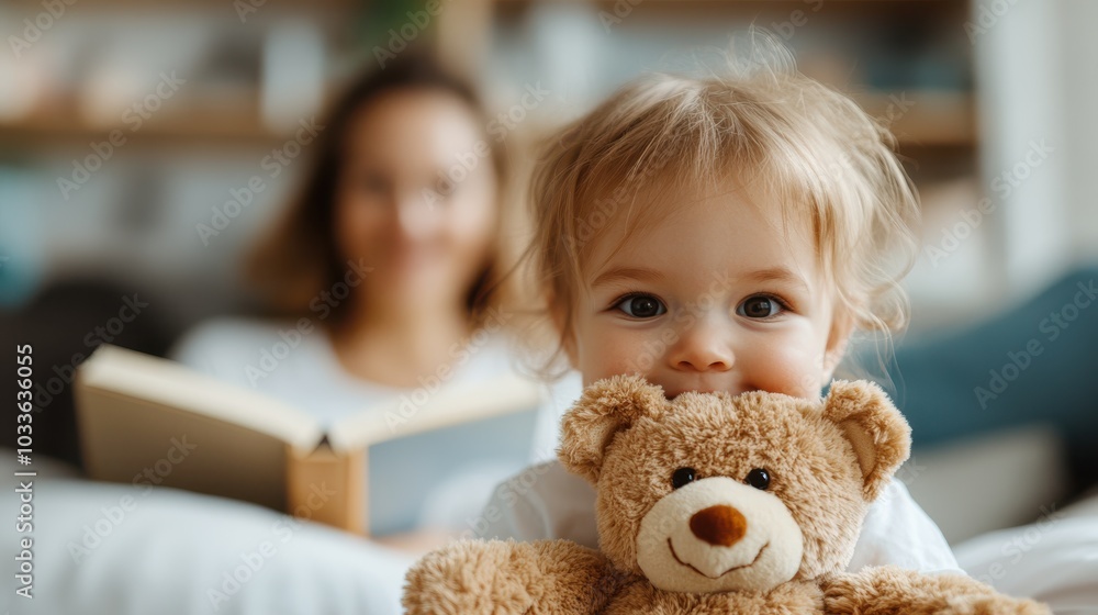 A child joyfully nuzzles a teddy bear in their arms while relaxing at home, with an adult reading in the background, creating an atmosphere of warmth. A child joyfully nuzzles a teddy bear in their arms while relaxing at home, with an adult reading in the background, creating an atmosphere of warmth.