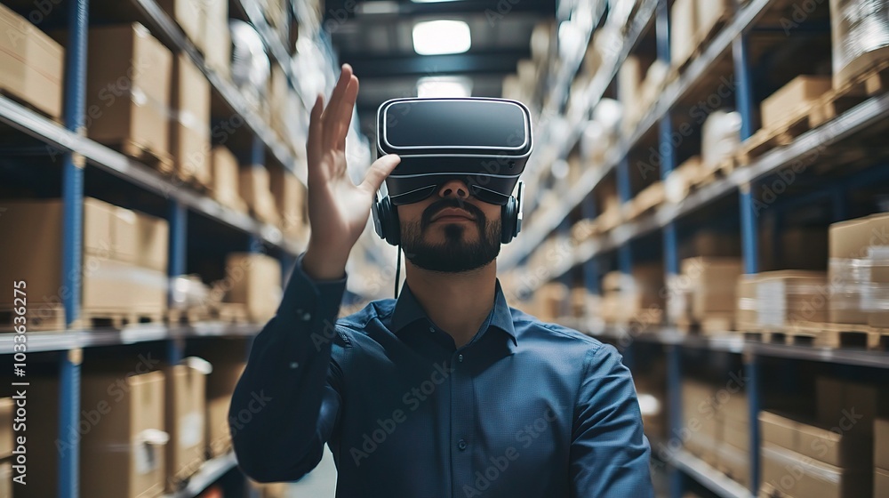 Man Using Virtual Reality in Warehouse Environment Man Using Virtual Reality in Warehouse Environment