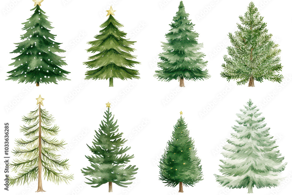 Obraz premium Watercolor illustration of different green Christmas trees, isolated on white, perfect for holiday design.