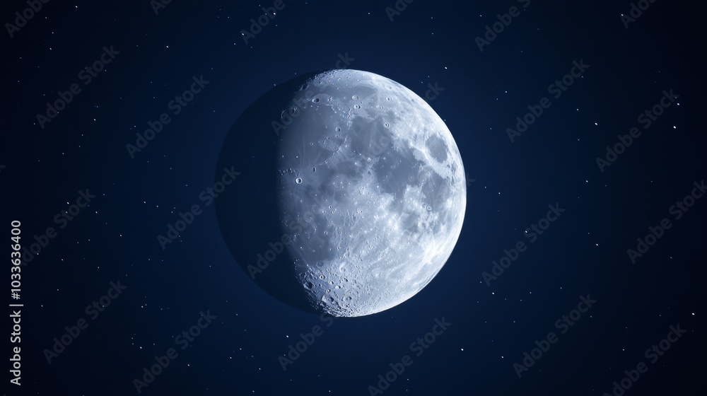 A detailed view of a crescent moon against a starry night sky. A detailed view of a crescent moon against a starry night sky.