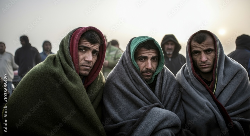 Refugees seeking warmth in cold morning fog Refugees seeking warmth in cold morning fog