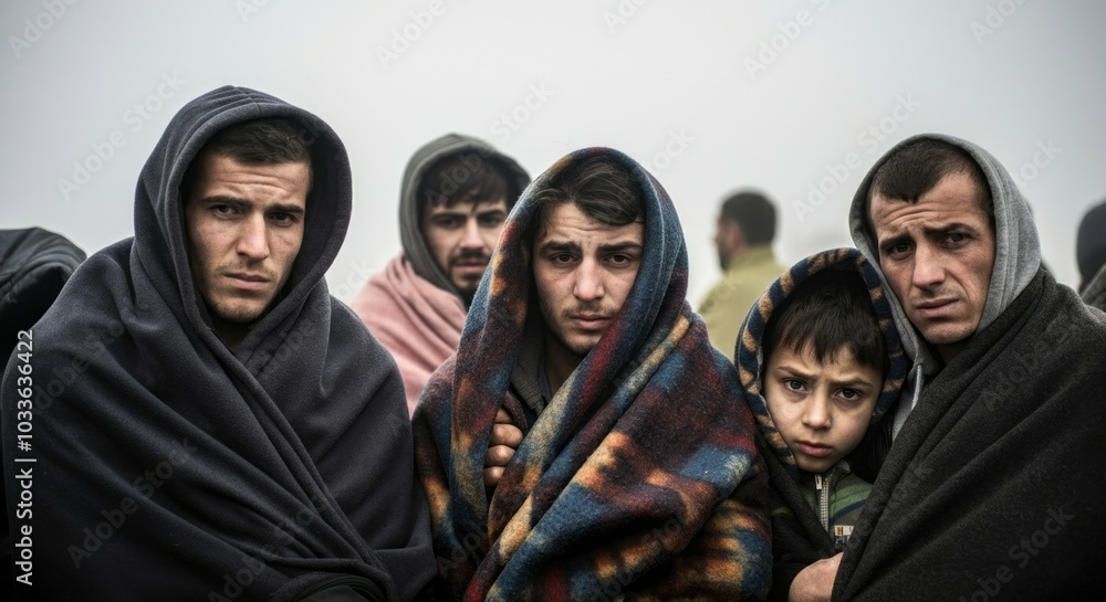 Refugees in foggy morning embrace warmth and hope Refugees in foggy morning embrace warmth and hope