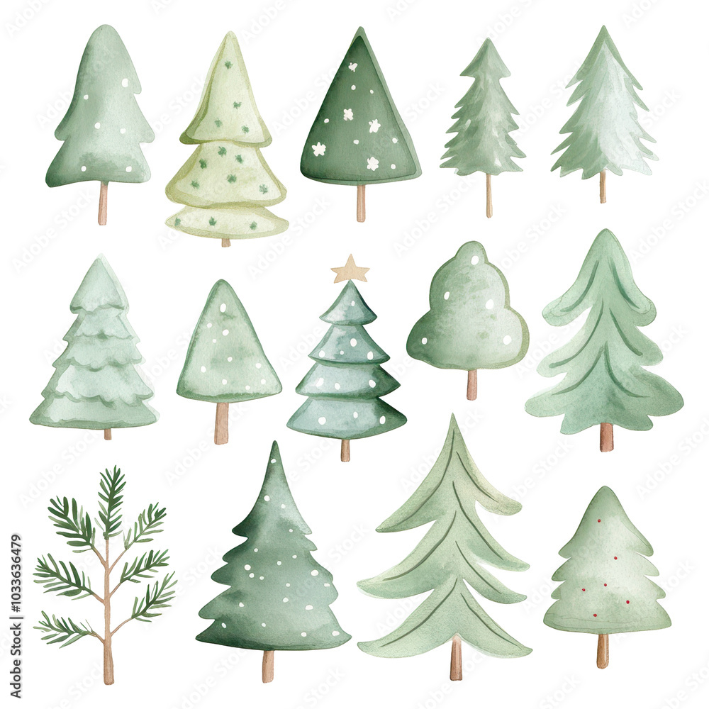 Watercolor illustration of different green Christmas trees, isolated on white, perfect for holiday design.
Watercolor illustration of different green Christmas trees, isolated on white, perfect for holiday design.