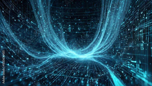 A futuristic digital landscape with flowing lines and particles representing data movement.