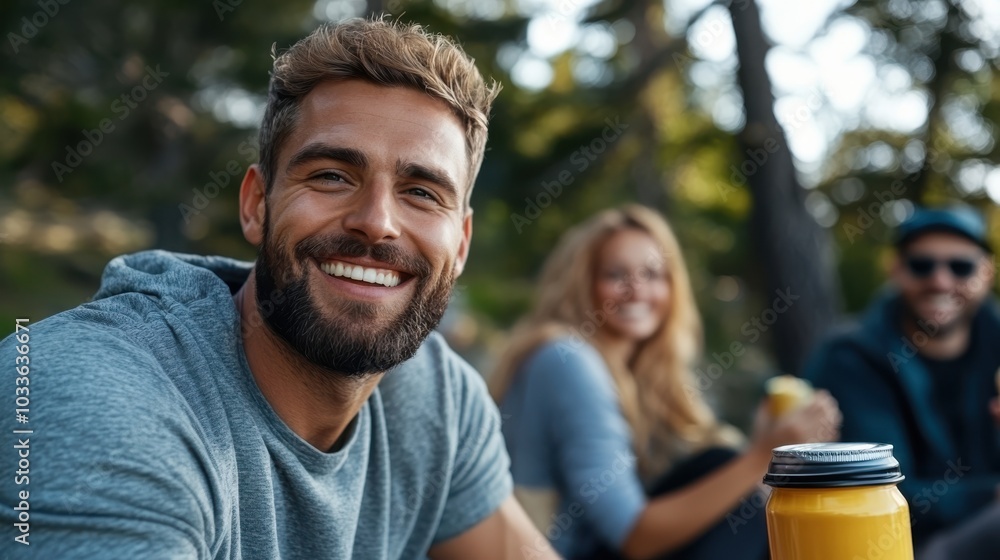 Fototapeta premium A bearded man sits with friends outdoors, sharing smiles and enjoying drinks, depicting a scene of camaraderie and joy in a natural and refreshing setting.