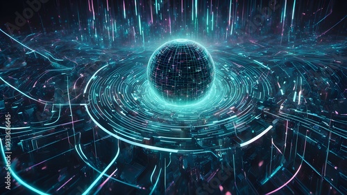 A futuristic digital sphere surrounded by glowing circuits and data streams.