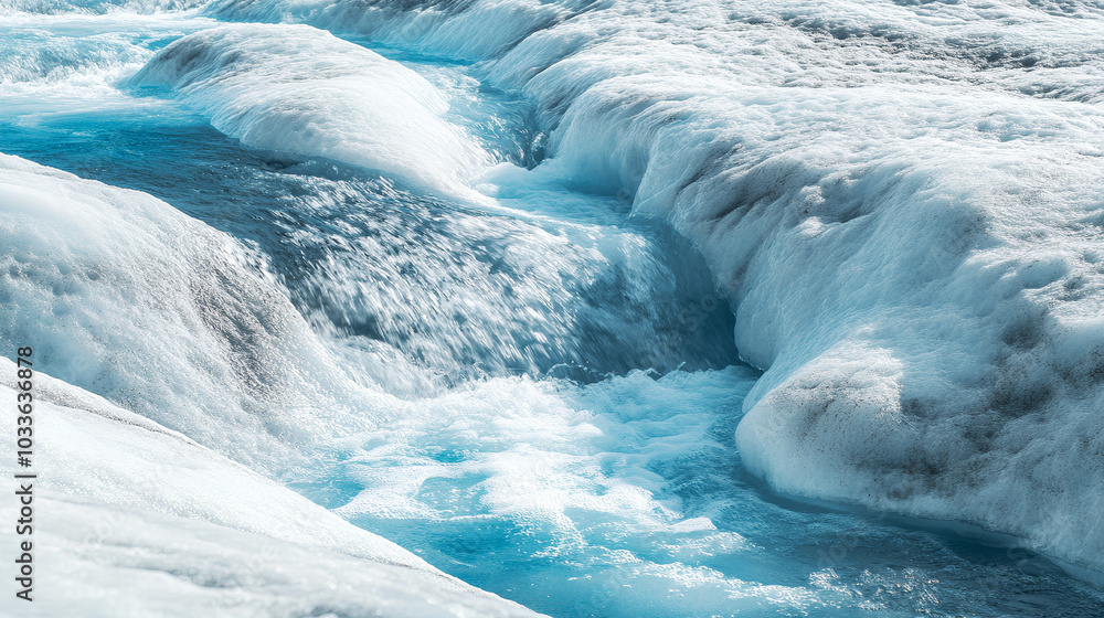 A large iceberg breaking off from an ice shelf and crashing into the ocean with massive splashes. A large iceberg breaking off from an ice shelf and crashing into the ocean with massive splashes.