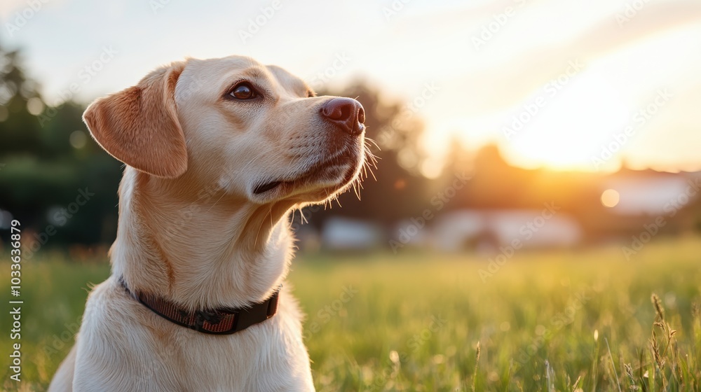 A contemplative Labrador Retriever dog with its head raised, gazing thoughtfully into the horizon while sitting on a green field, highlighted by a warm sunset glow. A contemplative Labrador Retriever dog with its head raised, gazing thoughtfully into the horizon while sitting on a green field, highlighted by a warm sunset glow.