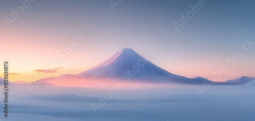 A mountain covered in snow and fog with a pink sky in the background