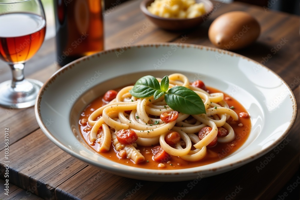 Bowl of pasta with tomato sauce and basil beside a glass of wine Bowl of pasta with tomato sauce and basil beside a glass of wine