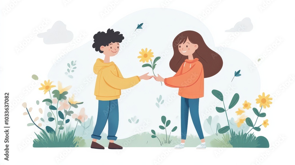 Two children exchange a flower in a whimsical outdoor setting, surrounded by greenery and colorful blooms, illustrating friendship and nature. Two children exchange a flower in a whimsical outdoor setting, surrounded by greenery and colorful blooms, illustrating friendship and nature.