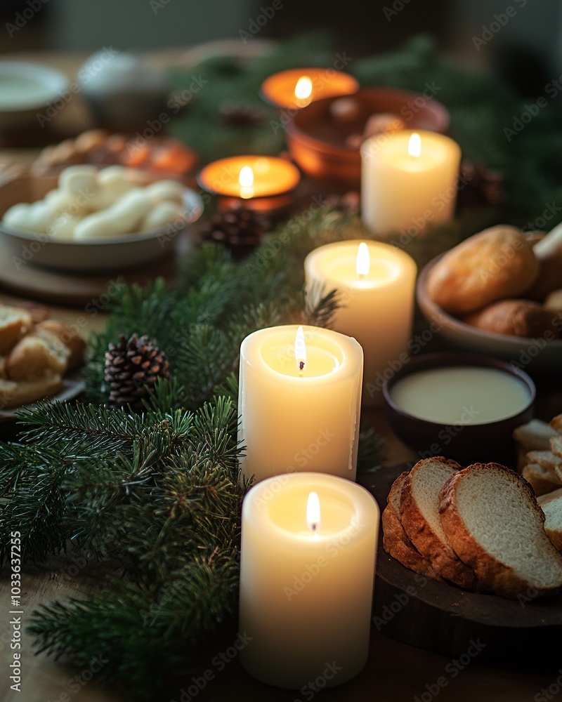 Winter solstice celebration table, with candles, evergreen decorations, and traditional foods Winter solstice celebration table, with candles, evergreen decorations, and traditional foods