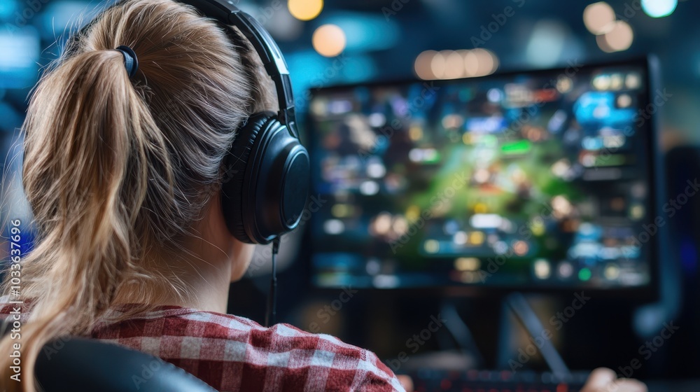 A female gamer with headphones intensely concentrated on the game, surrounded by a vibrant and dynamic environment, illustrating the gaming culture vividly. A female gamer with headphones intensely concentrated on the game, surrounded by a vibrant and dynamic environment, illustrating the gaming culture vividly.