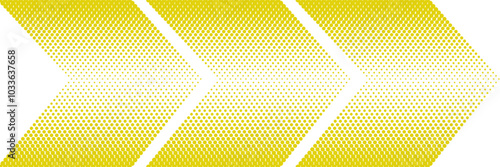 Yellow arrows on white background, modern pattern.  Halftone pattern. Background with dots, circles. Arrow indicates the direction of movement. Vector illustration.