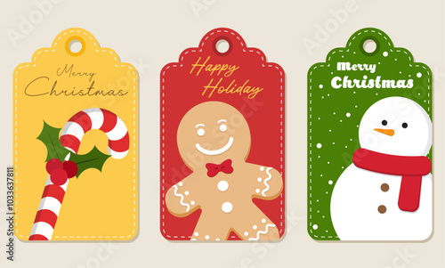 Set of paper christmas tags labels with flat style elements of candy cane, gingerbread, and snowman. Vector illustration of christmas tags.