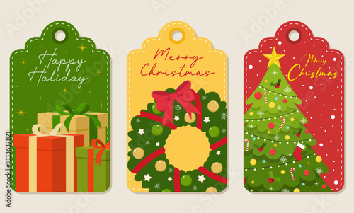 Set of paper christmas tags labels with flat style elements of gifts, wreath, and christmas tree. Vector illustration of christmas tags.