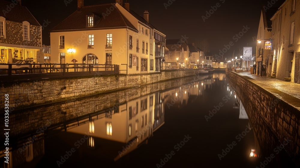 A serene night view of a canal lined with charming buildings reflecting in the water.