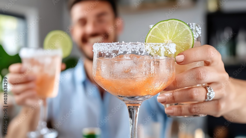 Close-up of two people toasting with margaritas, salted rims, lime garnish, capturing a lively and festive moment, perfect for celebrating happy occasions. Close-up of two people toasting with margaritas, salted rims, lime garnish, capturing a lively and festive moment, perfect for celebrating happy occasions.
