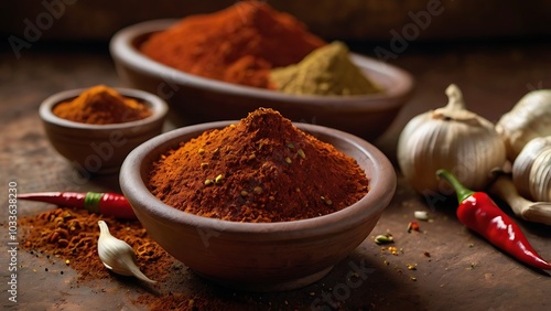 An earthy African berbere spice blend made from chili peppers, garlic, ginger, and various warm spices, set in a rustic clay bowl with an authentic tribal backdrop. photo