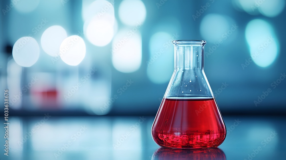 A Single Erlenmeyer Flask Filled with Red Liquid on a Reflective Surface A Single Erlenmeyer Flask Filled with Red Liquid on a Reflective Surface