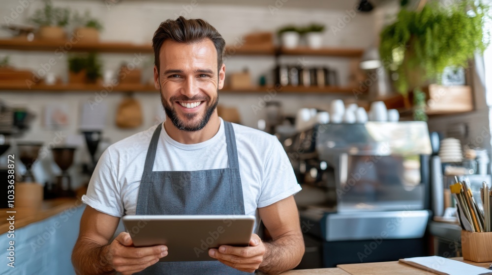 A happy barista in a gray apron smiling brightly, holding a tablet in a cozy coffee shop environment, surrounded by coffee cups and a coffee machine. A happy barista in a gray apron smiling brightly, holding a tablet in a cozy coffee shop environment, surrounded by coffee cups and a coffee machine.