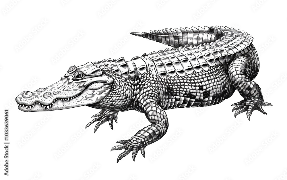 Obraz premium Crocodile monochrome sketch, alligator etching isolated illustration. Black and white animal drawing
