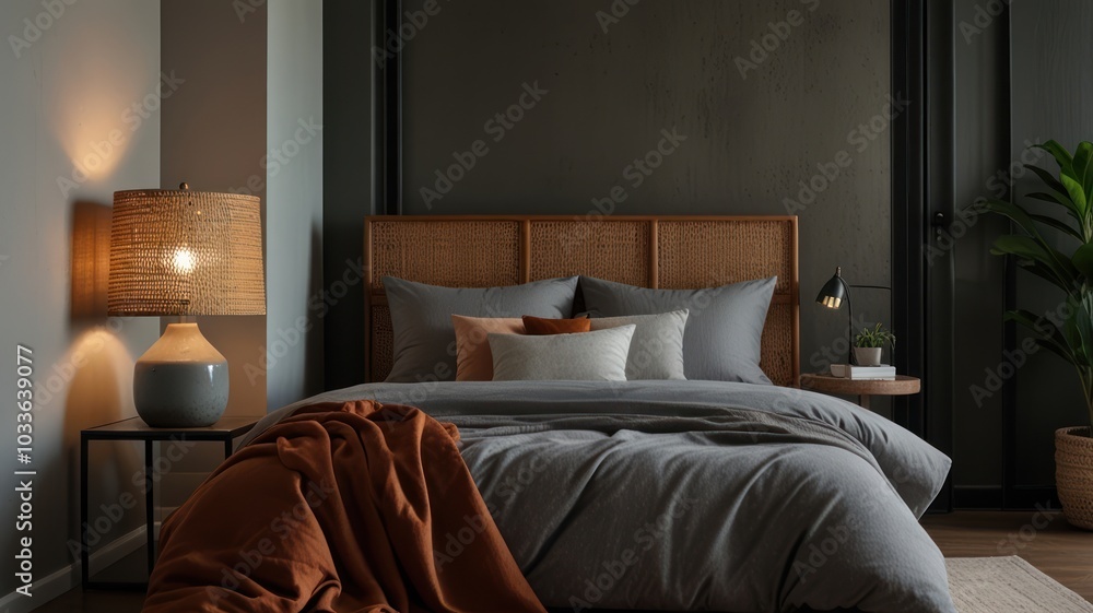 Modern bedroom interior with a grey bed, a wicker headboard, an orange blanket and a nightstand with a lamp. Modern bedroom interior with a grey bed, a wicker headboard, an orange blanket and a nightstand with a lamp.