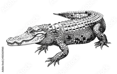 Crocodile monochrome sketch, alligator etching isolated illustration. Black and white animal drawing photo