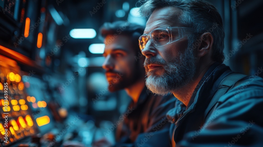 Two men, one older with a gray beard, wear safety glasses while working in a factory setting. Two men, one older with a gray beard, wear safety glasses while working in a factory setting.