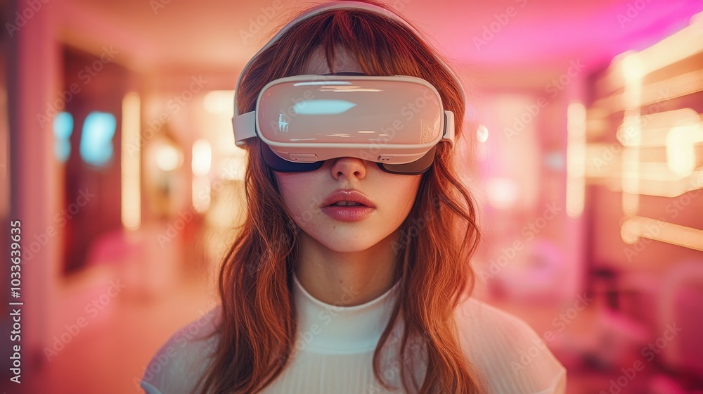 Young woman with long red hair wearing a VR headset in a brightly lit room. Young woman with long red hair wearing a VR headset in a brightly lit room.