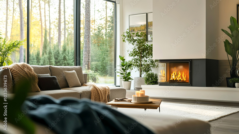 Cozy modern living room with a warm fireplace, plush sofa, and lush greenery Cozy modern living room with a warm fireplace, plush sofa, and lush greenery