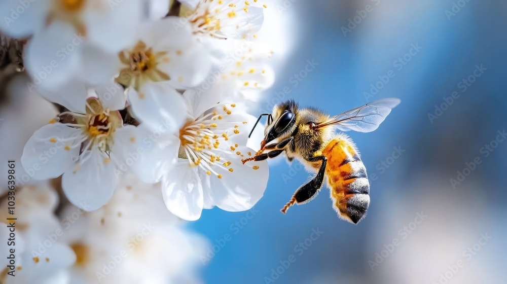 An industrious bee feeds on the nectar of a bright white blossom, emphasizing the beauty of pollination and the important interplay of nature's life cycles. An industrious bee feeds on the nectar of a bright white blossom, emphasizing the beauty of pollination and the important interplay of nature's life cycles.