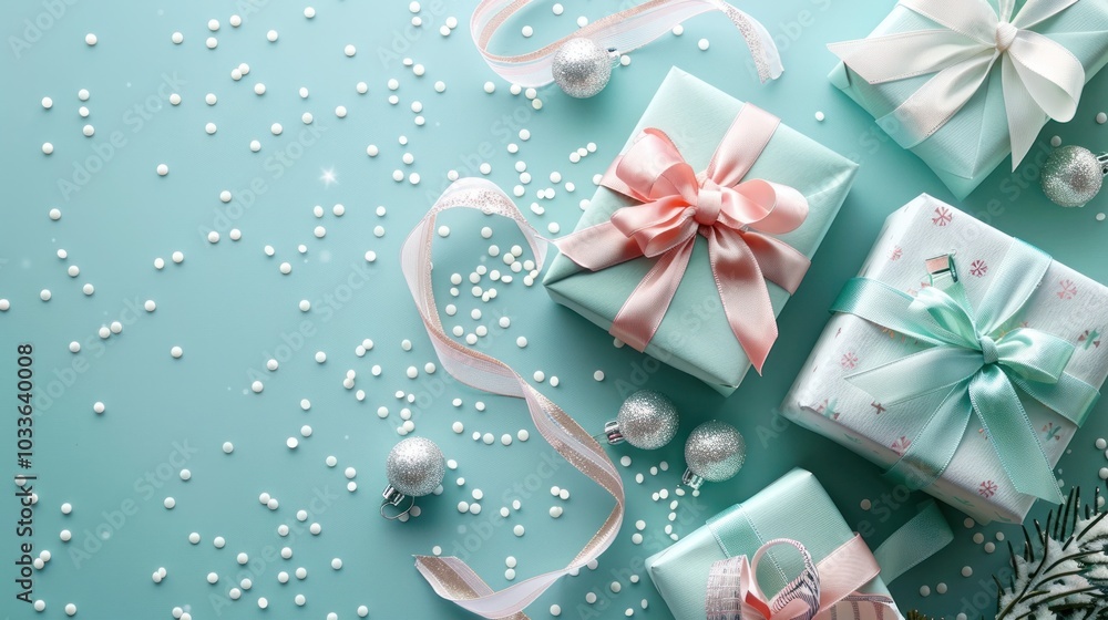 Beautifully wrapped gift boxes with ribbons bows and glitter in a cozy festive winter wonderland setting  Seasonal holiday or Christmas concept