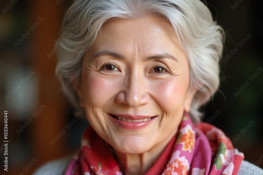 Smiling Senior Woman in Red Floral Scarf Smiling Senior Woman in Red Floral Scarf