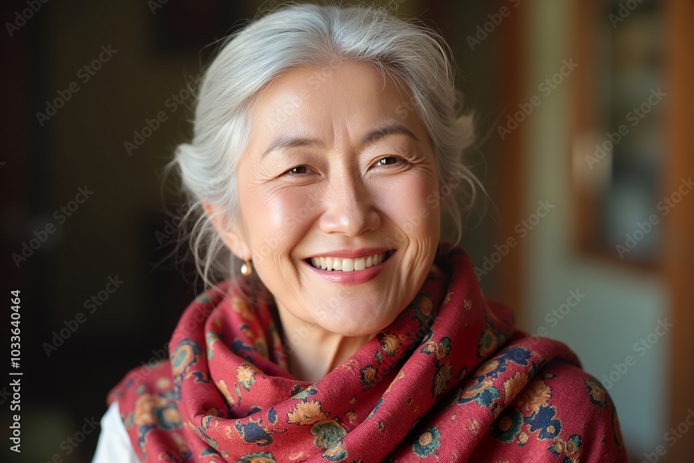 Smiling Senior Woman in Red Floral Scarf Smiling Senior Woman in Red Floral Scarf