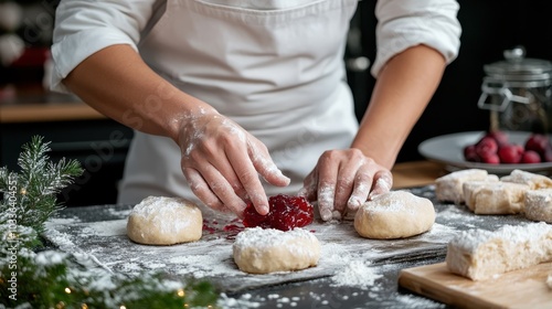 Hands carefully dust snowy sugar on jam pastries, with green festive decor, capturing warmth, holiday spirit, and the joy of homemade baking events.