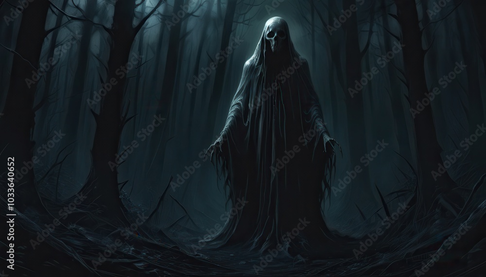 A creepy looking ghost in a dark forest A creepy looking ghost in a dark forest