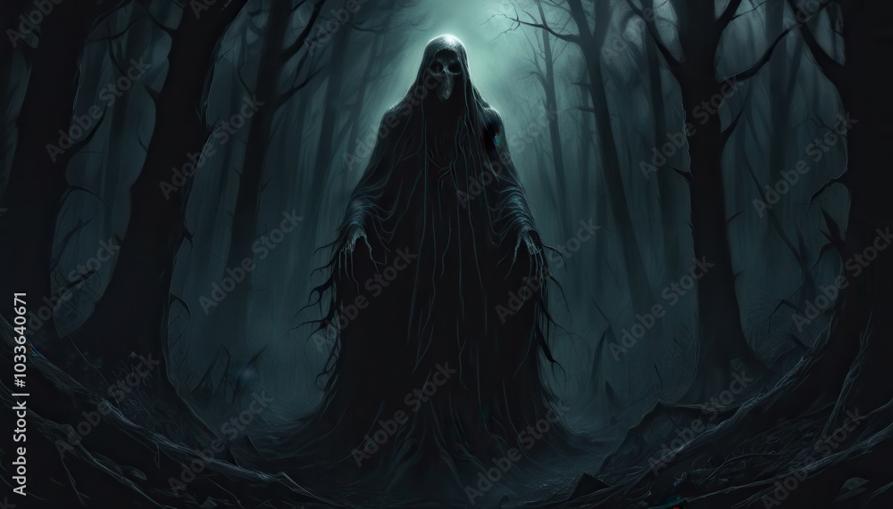 A creepy looking ghost in a dark forest A creepy looking ghost in a dark forest