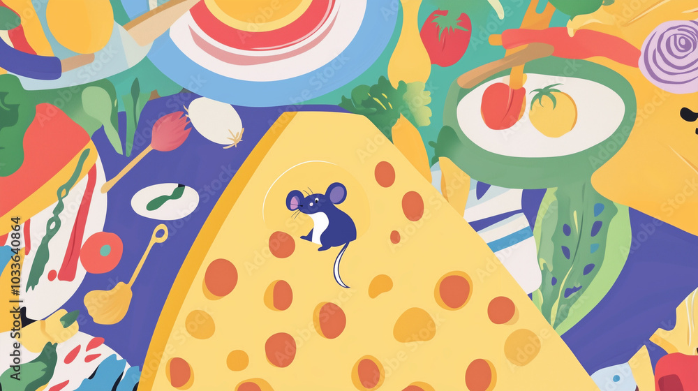 Playful Blue Mouse In Cheese Surrounded By Colorful Kitchen Table Vegetables And Cooking Tools Playful Blue Mouse In Cheese Surrounded By Colorful Kitchen Table Vegetables And Cooking Tools