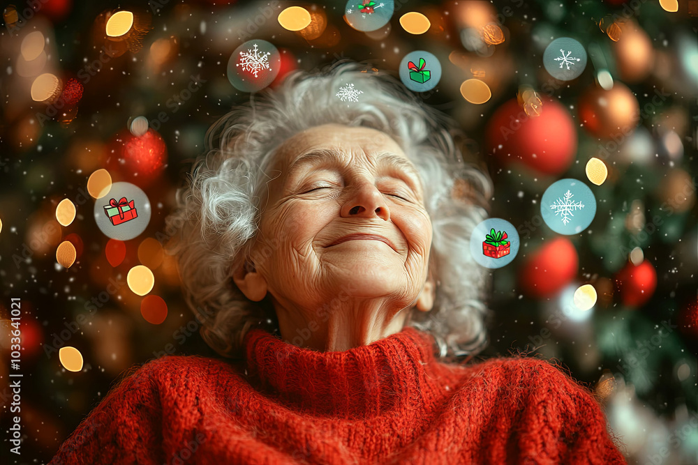 A serene elderly woman basks in the festive glow of holiday lights, surrounded by whimsical snowflakes A serene elderly woman basks in the festive glow of holiday lights, surrounded by whimsical snowflakes