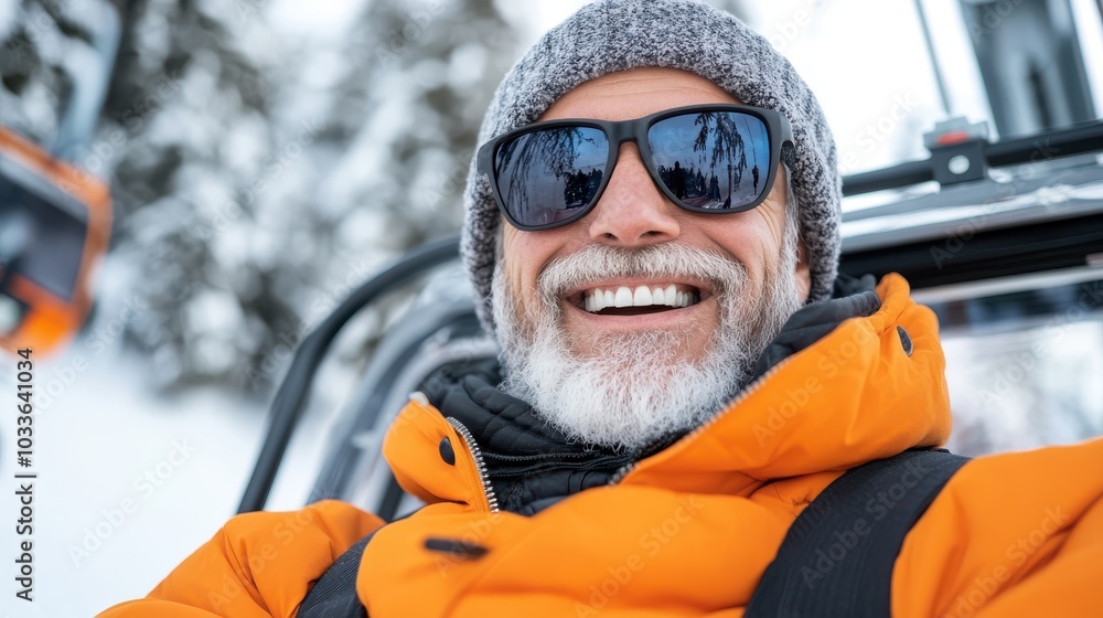 A joyful elderly man with a white beard, wearing orange winter gear and sunglasses, revels in a ski lift ride amidst a picturesque snow-covered landscape and trees. A joyful elderly man with a white beard, wearing orange winter gear and sunglasses, revels in a ski lift ride amidst a picturesque snow-covered landscape and trees.