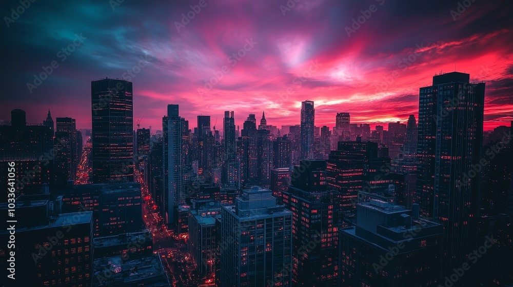 A vibrant city skyline at sunset with dramatic clouds and illuminated buildings. A vibrant city skyline at sunset with dramatic clouds and illuminated buildings.